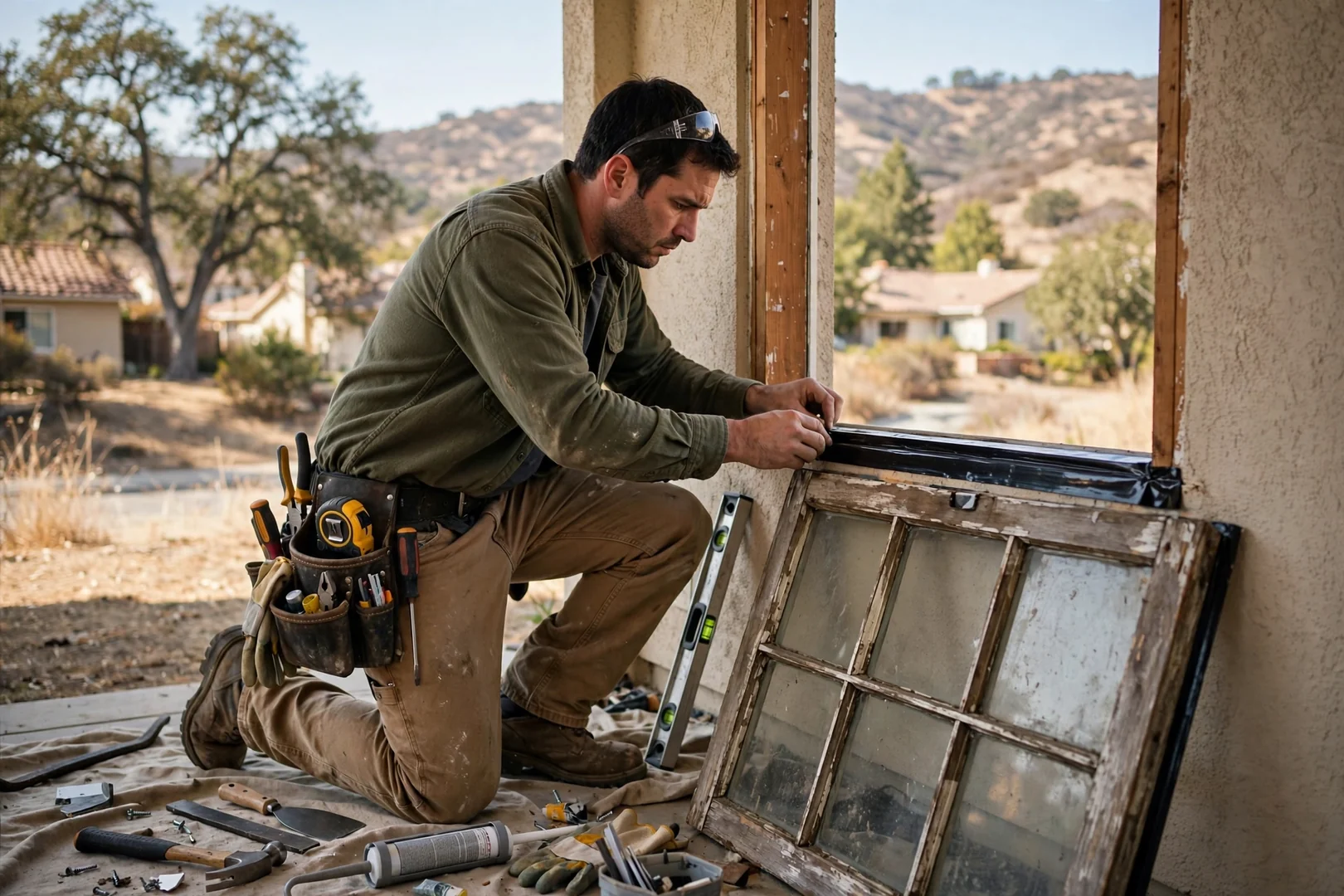 Fogged double pane window with failed seal removed from a hillside home opening